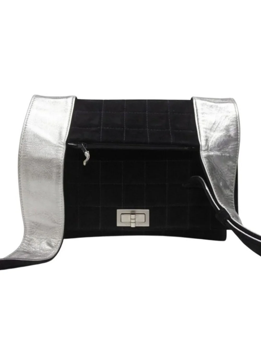 Chanel Shoulder Bag Choco Bar Turnlock Black Silver Suede